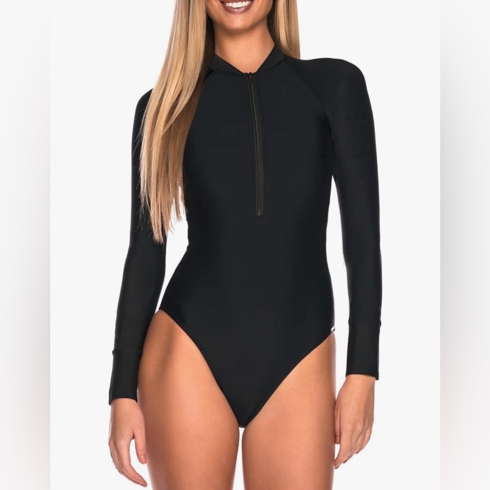 Long Sleeve Black Zip Front One-Piece Swimsuit